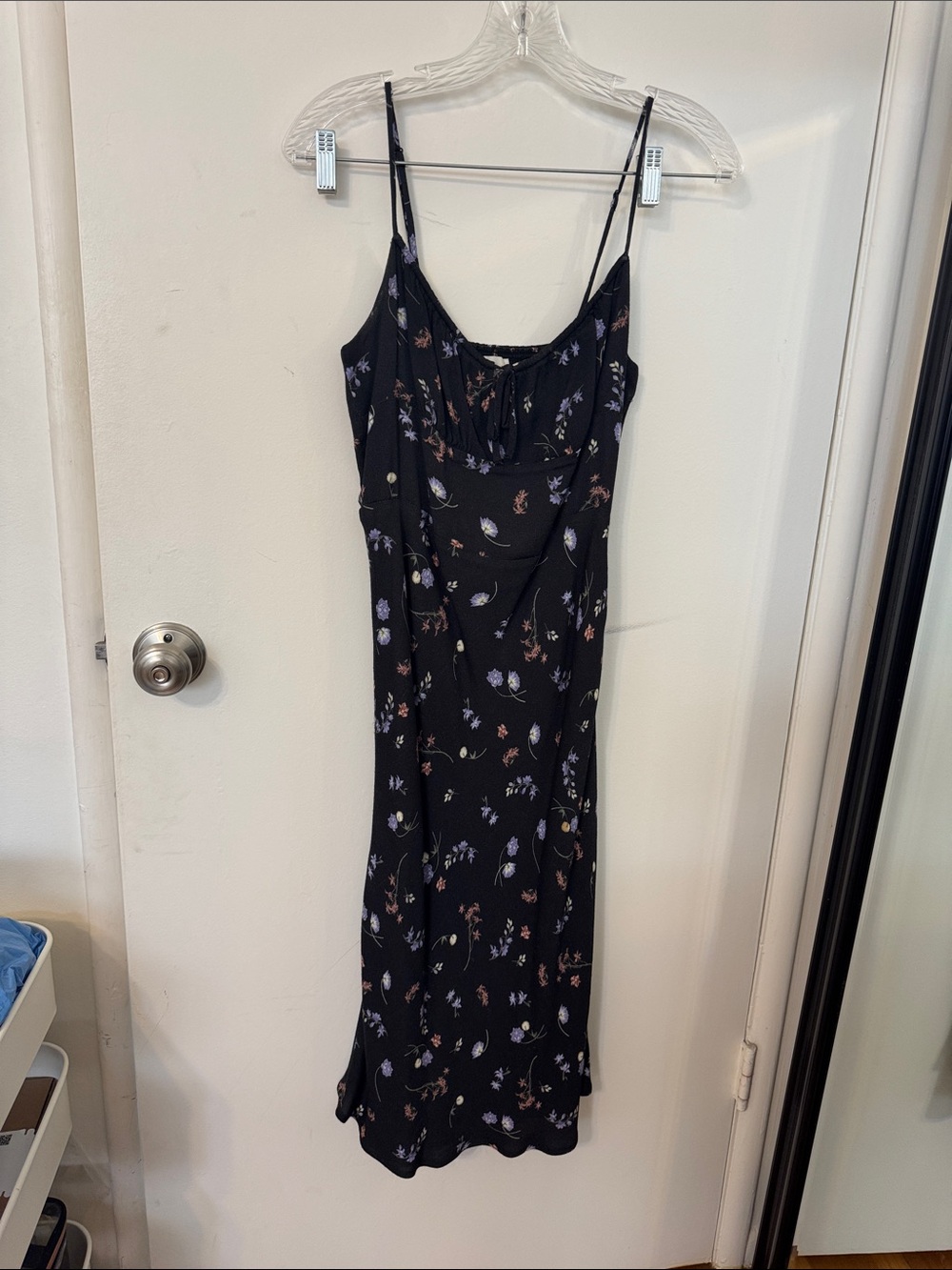 Aritzia Wilfred Black Floral Midi Slip Dress with Spaghetti Straps